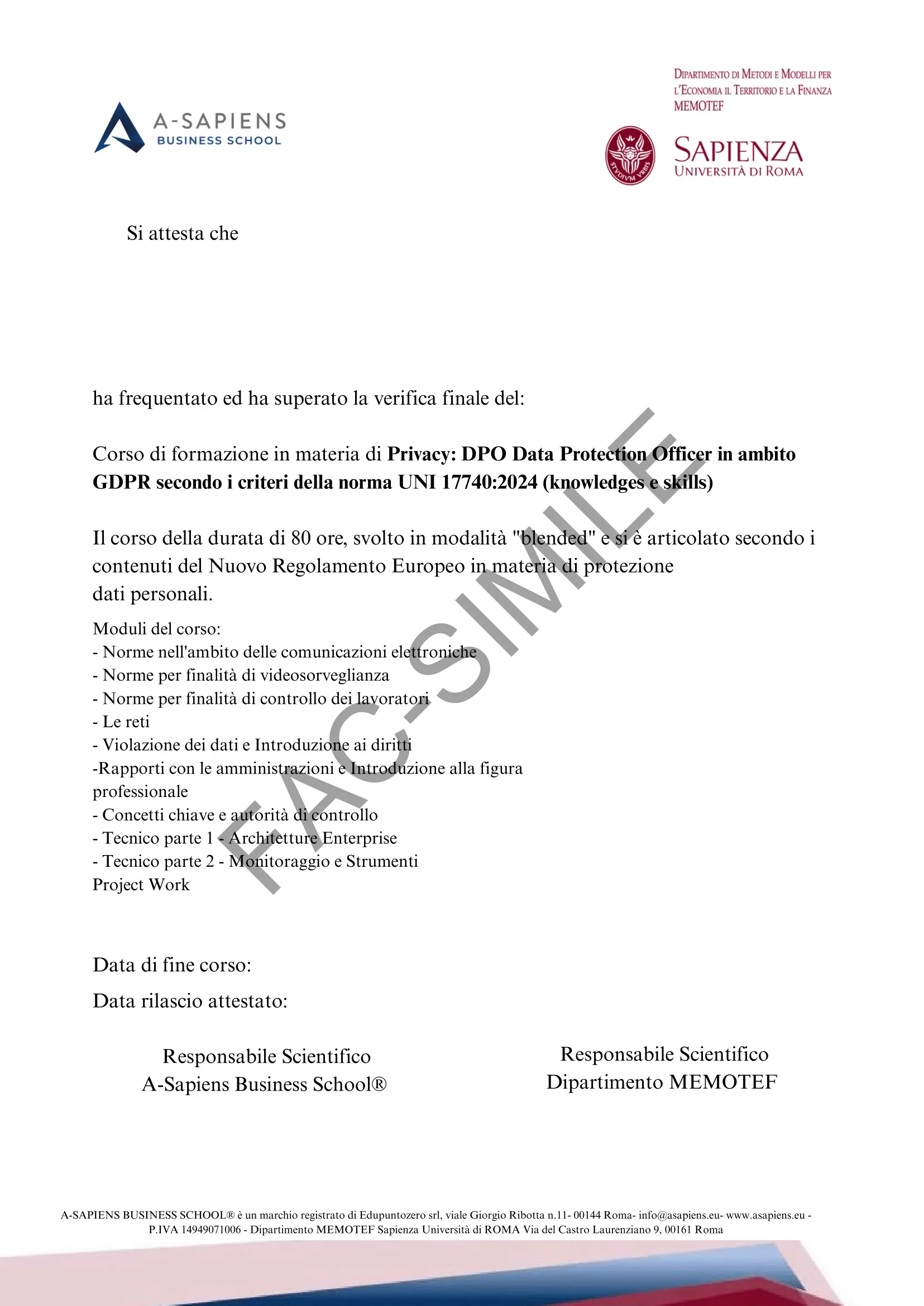 attestato corso DPO MEMOTEF